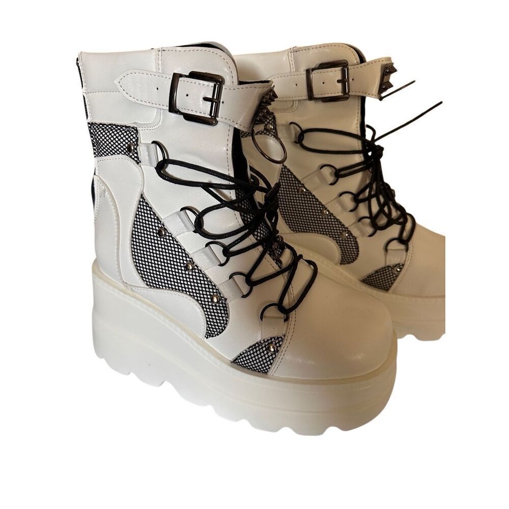 Tscoyuki Platform White & Black Ankle Boots for Women Chunky High Heel Booties G - Picture 4 of 9